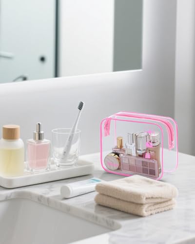 WANDF TSA Approved Toiletry Bag, 2 Pack Clear Makeup Bag - color: Pink Pack of 2, size: Pack of 2