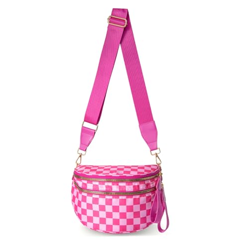 Checkerboard Crossbody Bag for Women, Expandable Plaid Belt Bag Nylon Fanny Pack with Multiple Pockets - color: Hot Pink Checkered