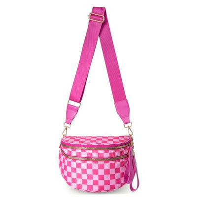 Checkerboard Crossbody Bag for Women, Expandable Plaid Belt Bag Nylon Fanny Pack with Multiple Pockets - color: Hot Pink Checkered