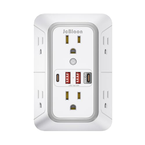 JcBlaon Surge Protector Outlet Extender 6 Outlet Extender with 4 USB Ports (PD 30W), 3 Sided 1050J Multi Plug Wall Adapter Power Strip for Home Travel Office Essentials-ETL - color: White PD30W 1 Pack