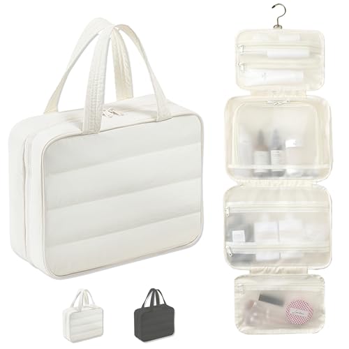 Hanging Toiletry Bag for Women, Large Capacity Travel Makeup Organizer with Hook, Waterproof Cosmetic Bag with Translucent TPU Compartments for Bathroom, Gym, Camping (Beige) - color: Beige