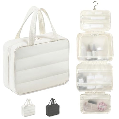 Hanging Toiletry Bag for Women, Large Capacity Travel Makeup Organizer with Hook, Waterproof Cosmetic Bag with Translucent TPU Compartments for Bathroom, Gym, Camping (Beige) - color: Beige