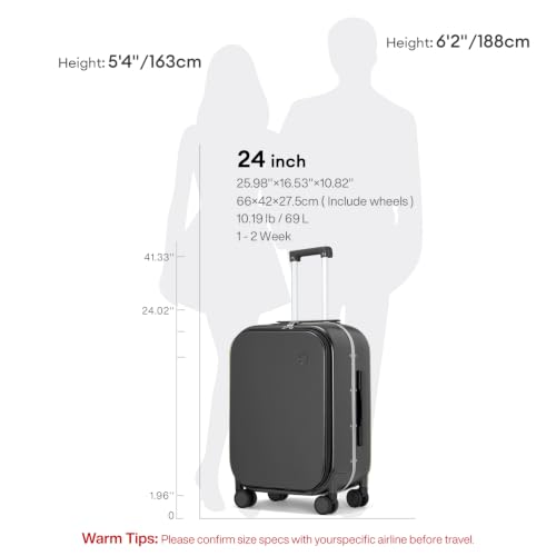 mixi Luggage Suitcase with Spinner Wheels, 24'' Checked Travel Luggage Aluminum Frame PC Hardside with TSA Lock & Cover - Rock Gray - color: Rock Gray, size: 24-inch