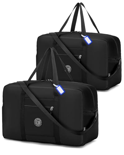 2 Piece Carry on Bag 22x14x9 Airlines Approved, 48L Canvas Travel Duffel Bags for Men Women Duffle Bag for Airplane Weekender Overnight Gym (Black) - color: Black 2-Pack