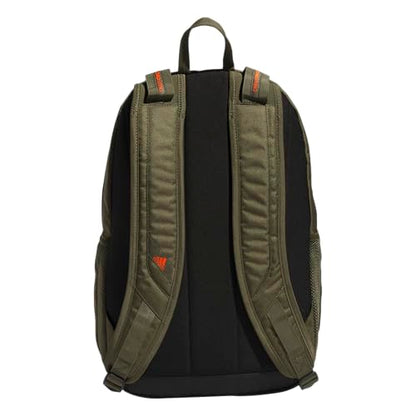 adidas Prime School Backpack 37L | Padded 17-In. Laptop Sleeve, Water-Bottle Pockets, LoadSpring Carry, Rolls With Your Suitcase, School Gym & Travel Ready - color: Olive Strata Green/Impact Orange/7a