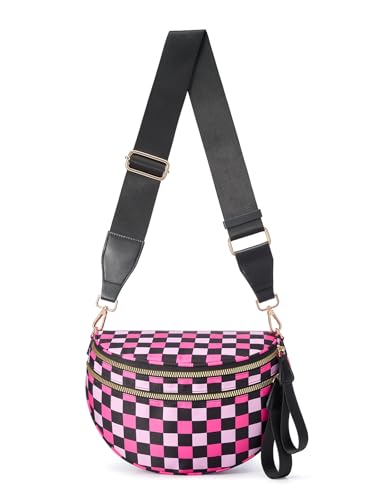Checkered Crossbody Bag Bum Bag for Women,Spacious Fanny Packs Belt Bag - color: Black Rose Checkered