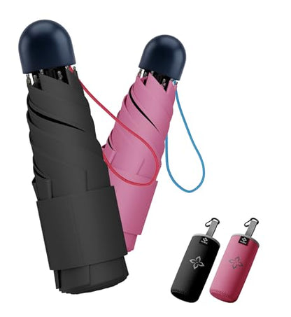 Mini Umbrella for Travel Compact - UPF 100+ UV Sun Umbrella for Purse Backpack,Super mini Sturdy Pocket Folding Umbrella with Absorbent Sleeve, Heavy Duty Parasol - color: 2-Black & Rose