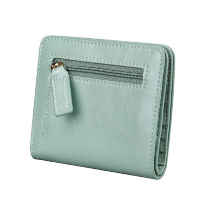 Itslife Women's Rfid Blocking Small Compact Bifold Leather Pocket Wallet Ladies Mini Purse with id Window (Waxed Light Green) - color: Turquoise