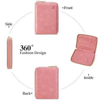 Travel Passport Wallet RFID Blocking Passport Holder-Women and Men with Zippered Ladies Passport Cover - color: H-Light Pink
