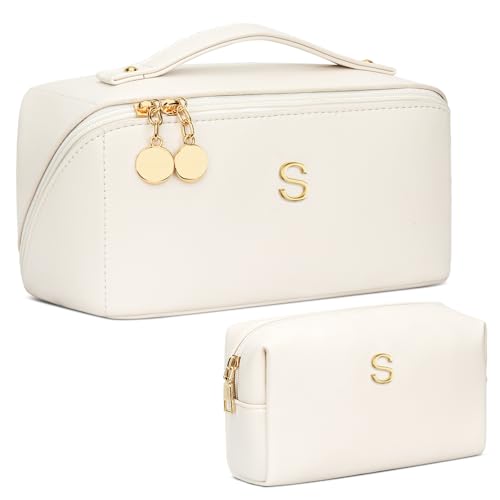 Initial Makeup Bag Personalized Gift for Women Teen Girls - color: Beige, style: S