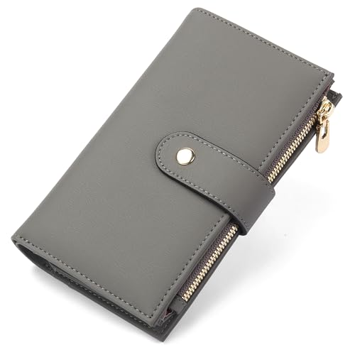 yiijay Women's Wallet RFID Blocking Leather Trifold Clutch Wallet Credit Card Holder Ladies Travel Wallet Purse with Passport/Pen Holder - color: 1Light Grey