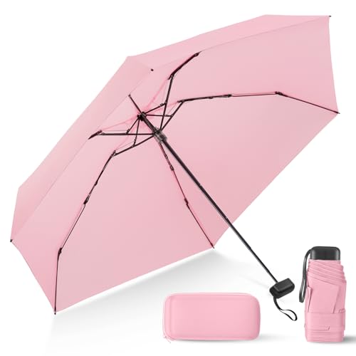 Mini Umbrella for Travel with Case Small Compact Sun Rain Tiny for Purse - color: 0802.Light Pink