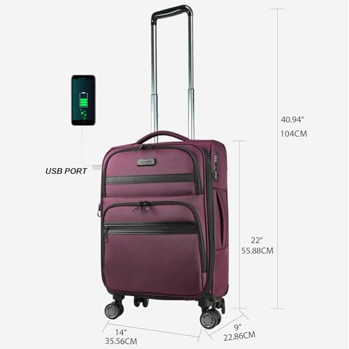 KROSER Softside Carry On Luggage 20 Inch, Suitcase Rolling Luggage - color: Burgundy-20, size: 20 inch