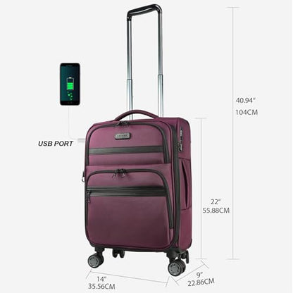 KROSER Softside Expandable Carry On Luggage with Front Business Pockets，20 Inch Suitcases with Spinner Wheels & Built-in TSA Lock, Durable Suitcase Rolling Luggage with USB Port, Burgundy - color: Burgundy-20, size: 20 inch