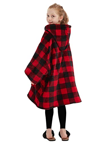 KFUBUO Wearable Blanket Hoodie for Kids With Pocket, 6-10 Year Old, Plaid - color: Red Plaid, size: Kids 6-10YR