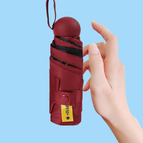 Five Fold Umbrella with Hard Shell Case Compact Travel Size UPF 50+ Manual Folding Rain Sun Umbrella Lightweight for Bag - color: wine red
