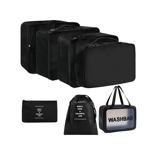 Travel packing cube 7 Piece Set, Suitcase Organizer Luggage Cubes with Wash Bag, suitcase organizer, Multi-Purpose Dispenser Bags (Black) - color: Black