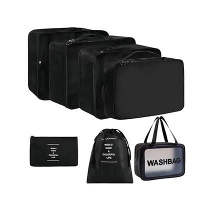 Travel packing cube 7 Piece Set, Suitcase Organizer Luggage Cubes with Wash Bag, suitcase organizer, Multi-Purpose Dispenser Bags (Black) - color: Black
