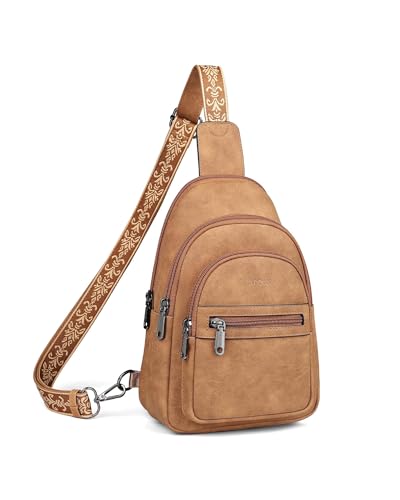 FADEON Sling Bag for Women, Designer Small Crossbody Bags, Adjustable Strap - color: Camel Brown Suede Style