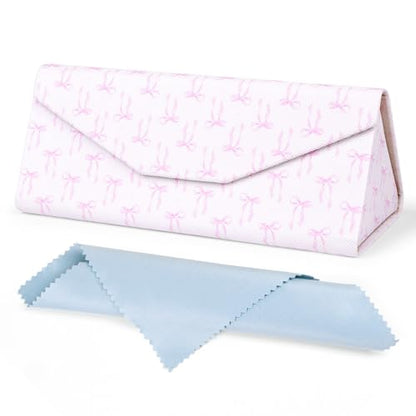 Sunglasses Case, Foldable Glasses Case, Magnetic PU Leather Hard Shell Folding Eyeglass Holder Box - color: Pink Bow