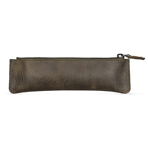 Londo Top Grain Leather Pen Case with Zipper Closure, Pencil Pouch Stationery Bag - color: Green