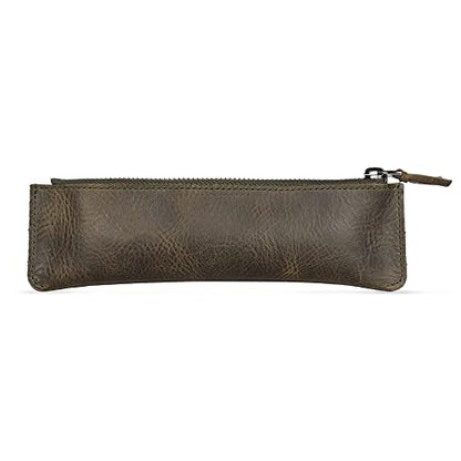 Londo Top Grain Leather Pen Case with Zipper Closure, Pencil Pouch Stationery Bag - color: Green