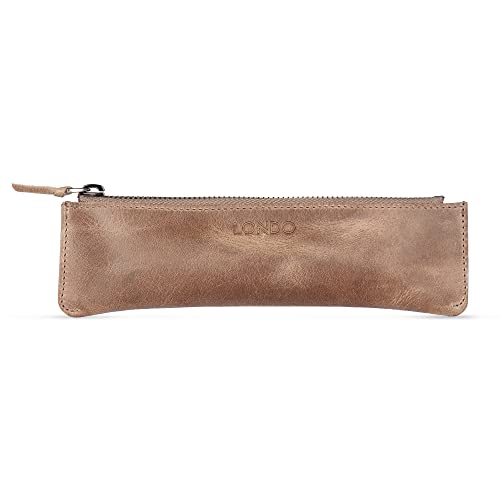 Londo Genuine Leather Pen Case with Zipper Closure, Pencil Pouch Stationery Bag - color: Mink