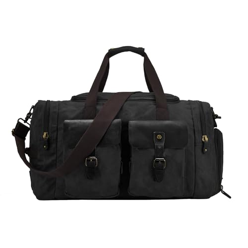 Waxed Canvas Duffel Bag with Shoe Compartment | Waxed Canvas Travel Bag for Men, Genuine Leather Trim, Shoe Compartment, Front Pockets, Weekend, Overnight and Carry-On Use - color: Black