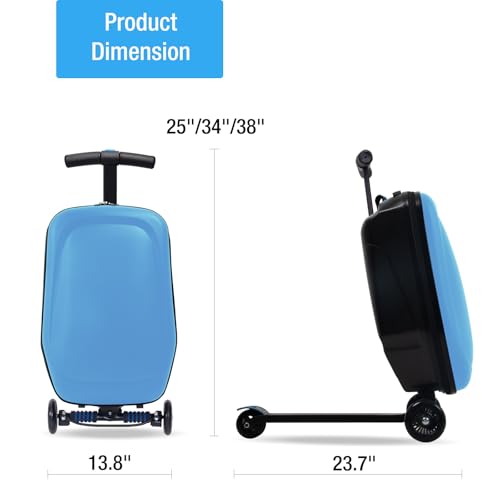Apelila Ride-On Luggage for Kids & Adults, 2-in-1 Foldable Scooter Suitcase 20", Hardshell Carry-On Travel Suitcase with Wheels, Lightweight - color: Light Blue