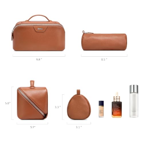BOYATU Genuine Leather Travel Makeup Bag: Hand-made 3 Pcs Set Cosmetic Bags - color: 01Brown
