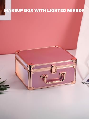 Qislee Makeup Box with Detachable Magnetic LED Mirror, Travel Train Case - color: Sparkling Gradient Pink, size: Small