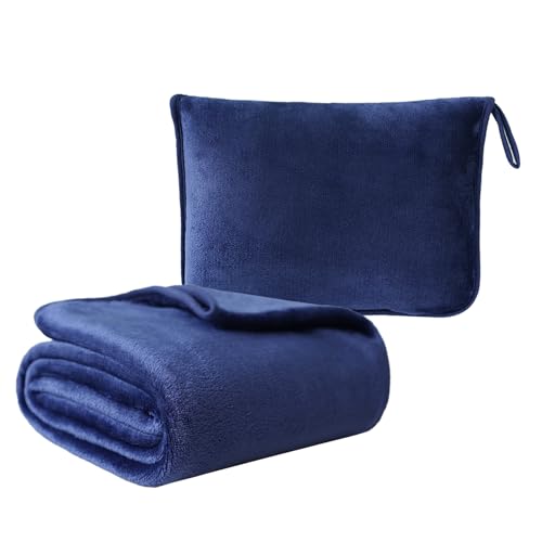 Travel Blanket Pillow, Soft Airplane Blanket 2-in-1, Travel Blanket Airplane Compact with Bag, Travel Essentials Accessories for Plane and Car,60x40 Navy - color: Navy
