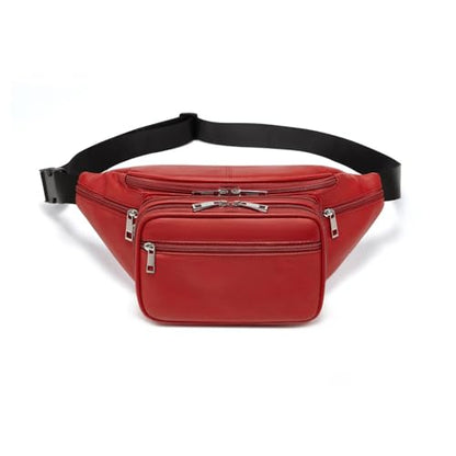 Genuine Leather Large 7 Pocket Waist Pack with Organizer, Card Slots (Red) - color: Red