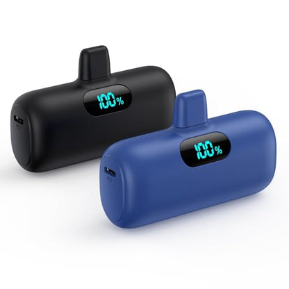 [2팩]아이폰 14/13용 소형 휴대용 충전기, 업그레이드된 5000mAh PD 고속 충전 보조 배터리, 아이폰 14/14 프로 맥스/13/13 프로/12 프로/11/XR/X/8/7/6과 호환되는 미니 휴대용 휴대폰 충전기 블랙+블루 - color: 블랙+블루.