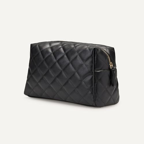Amazon Essentials Women's Quilted Travel Makeup Bag with Mesh Compartments, Black Faux Leather, One Size - color: Black Faux Leather