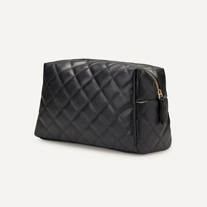 Amazon Essentials Women's Quilted Travel Makeup Bag with Mesh Compartments, Black Faux Leather, One Size - color: Black Faux Leather
