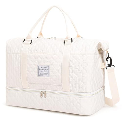 Large Lightweight Foldable Weekender Duffle Bag with Shoe Compartment - color: Beige