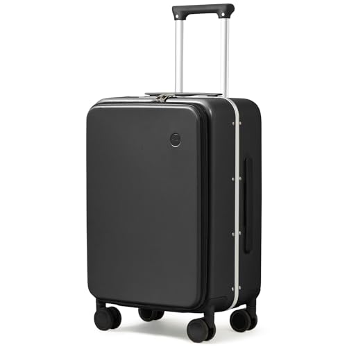 mixi Carry On Luggage, 20'' Suitcase with Front Pocket, Travel Rolling Luggage Aluminum Frame PC Hardside with Spinner Wheels & TSA Lock and Cover - Black - color: Black, size: 20-inch