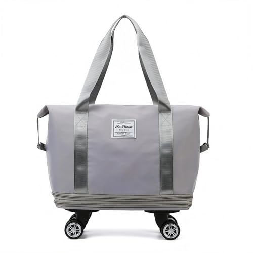 Travel Tote Bag with Trolley Sleeve Expandable Extra Duffel Bag with Wheels Lightweight Traveling Foldable Suitcase - color: Light Gray