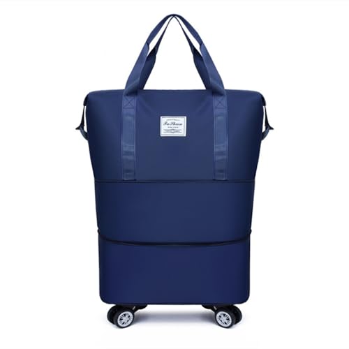 Travel Tote Bag with Trolley Sleeve Expandable Extra Duffel Bag with Wheels Lightweight Traveling Foldable Suitcase - color: Dark Blue