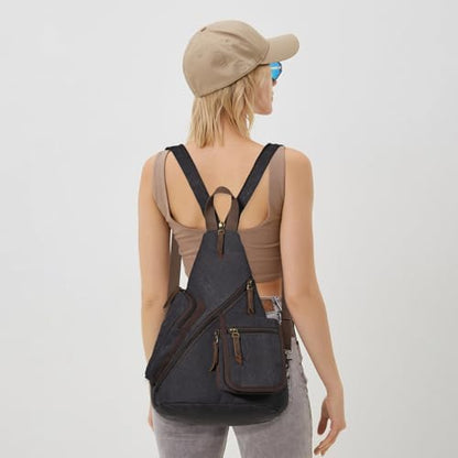 KL928 Canvas Sling Bag - Casual Crossbody Shoulder Daypack Rucksack Backpack for Men Women, Black - color: Black