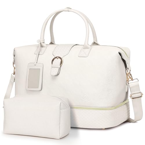 Leather Weekender Bags for Women, Travel Duffel Bag PU Overnight Bag Carry On Tote Bag with Shoe Compartment Wet Pocket - color: White, size: Large