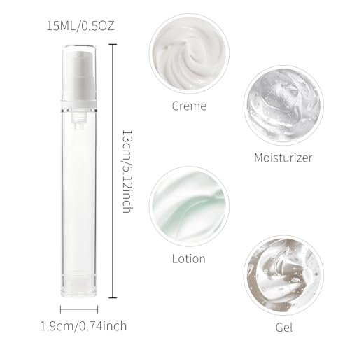 6 Pack 0.5 oz Plastic Mini Airless Pump Bottles Travel Size Refillable Leakproof Lotion Containers for Skincare Cosmetics Toiletries TSA Approved - size: 15ml