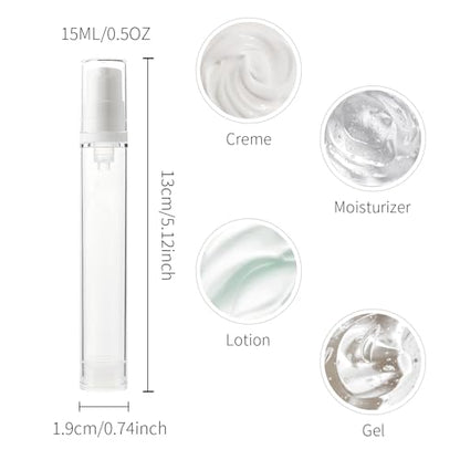 6 Pack 0.5 oz Plastic Mini Airless Pump Bottles Travel Size Refillable Leakproof Lotion Containers for Skincare Cosmetics Toiletries TSA Approved - size: 15ml