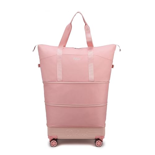 Rolling Duffle Bag with Wheels and Handle, Expandable Foldable Carry On Luggage with Removable Wheels, Personal Item Travel Bag, Lightweight Duffel Tote for Gym Hospital Weekender (Blush Pink) - color: Blush Pink