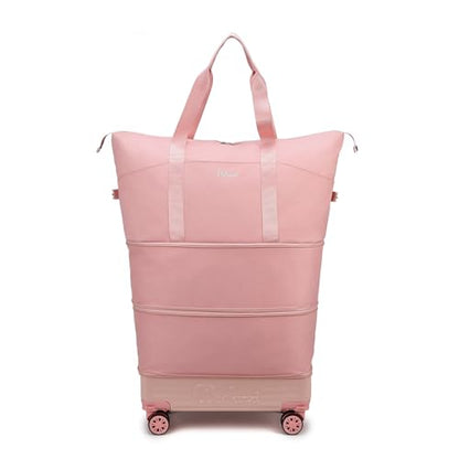 Rolling Duffle Bag with Wheels and Handle, Expandable Foldable Carry On Luggage with Removable Wheels, Personal Item Travel Bag, Lightweight Duffel Tote for Gym Hospital Weekender (Blush Pink) - color: Blush Pink