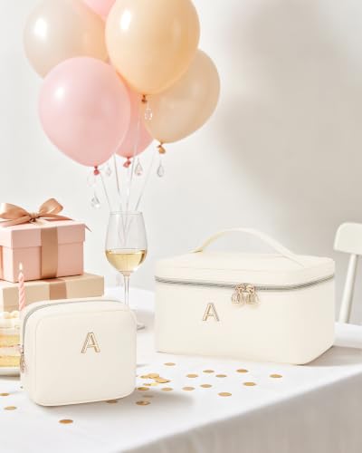 Custom Cosmetic Bag for Women Vacation Weekend Trips & Everyday Use Beige B | Initial Large Travel Cosmetic Case for Women with Metal Letter Design, Spacious Toiletry Organizer with Divider & Handle - size: B