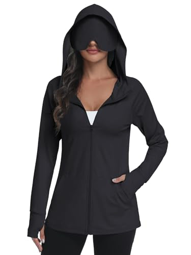 SeSe Code UPF 50+ Hoodie With Eye Mask Womens Zip Up Travel Jackets - color: Black, size: XX-Large
