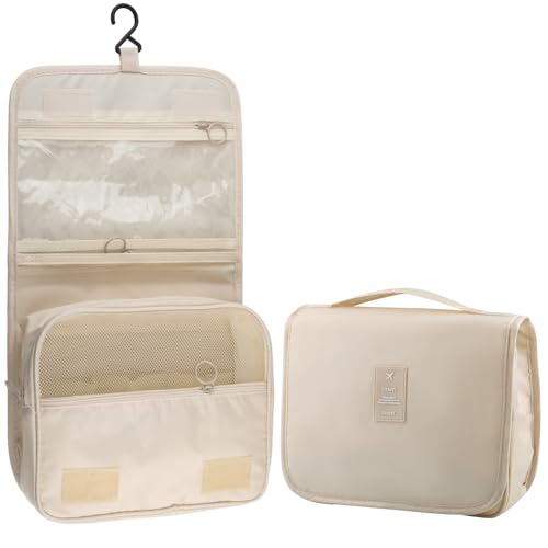 Hanging Toiletry Bag Travel Waterproof Makeup Organizer for Women(Beige) - color: Beige