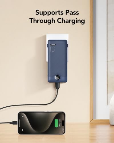 VRURC Portable Charger Built-in Cables and AC Wall Plug, USB C Power Bank 10000mAh, Travel Battery Portable Phone Charger Compact Lightweight External Battery Pack for Smart Phones, Tablets etc-Navy - color: Navy